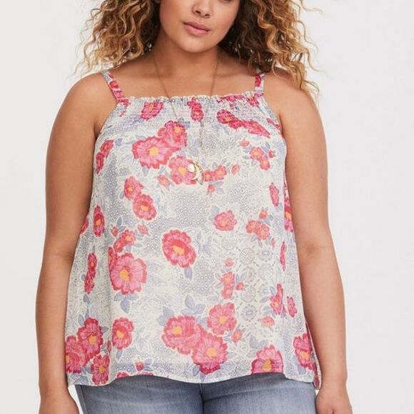 Torrid Women's Plus Size 0 Floral Smocked Chiffon Tank Top Red Blue‎ Flowy Comfy - Picture 1 of 8